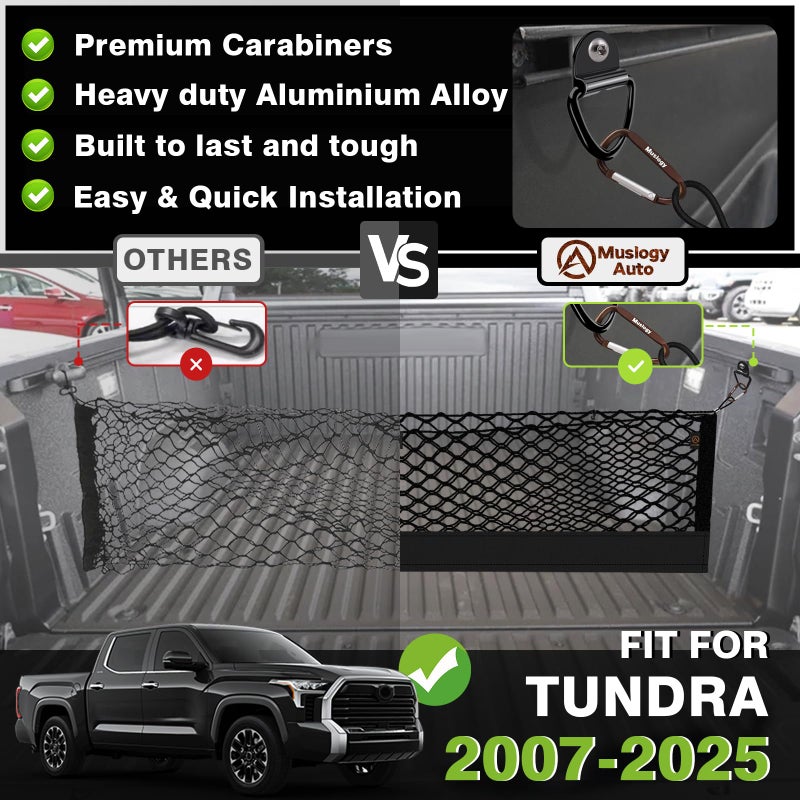 Muslogy Truck Bed Cargo Net Compatible with Toyota Tundra 2007-2024 2025 Accessories Storage Organizer Pickup Truck Bed Envelope Style Cargo Net with Heavy Duty Carabiners - Image 3